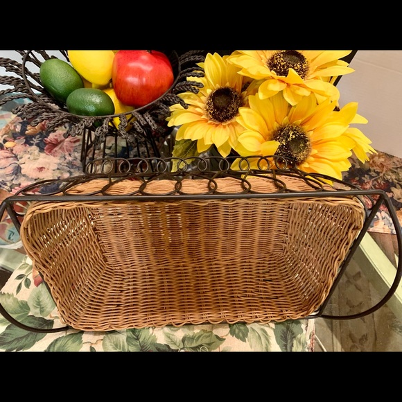 Vintage Hand Woven Reed Basket W/ Black Wrought Iron Stand. Rectangular - Picture 4 of 14